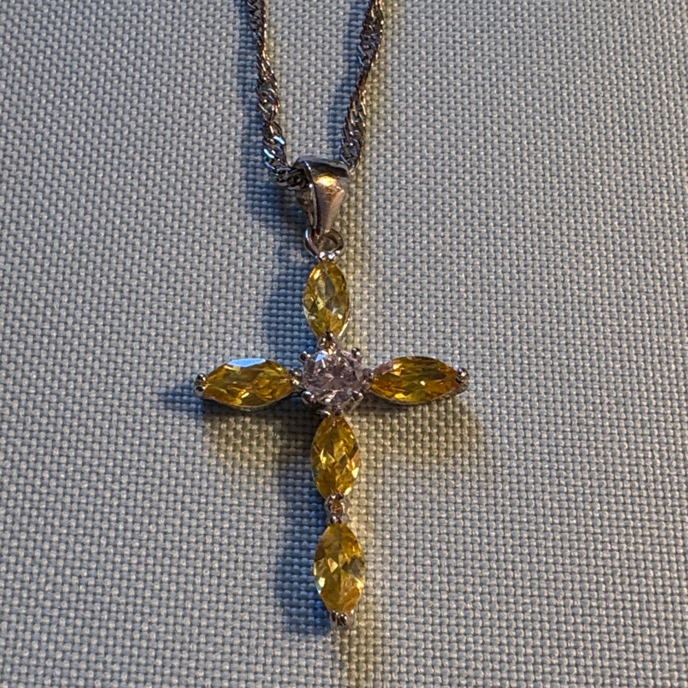 Lab grown Yellow diamonds with centered single lab grown diamond Cross Necklace
